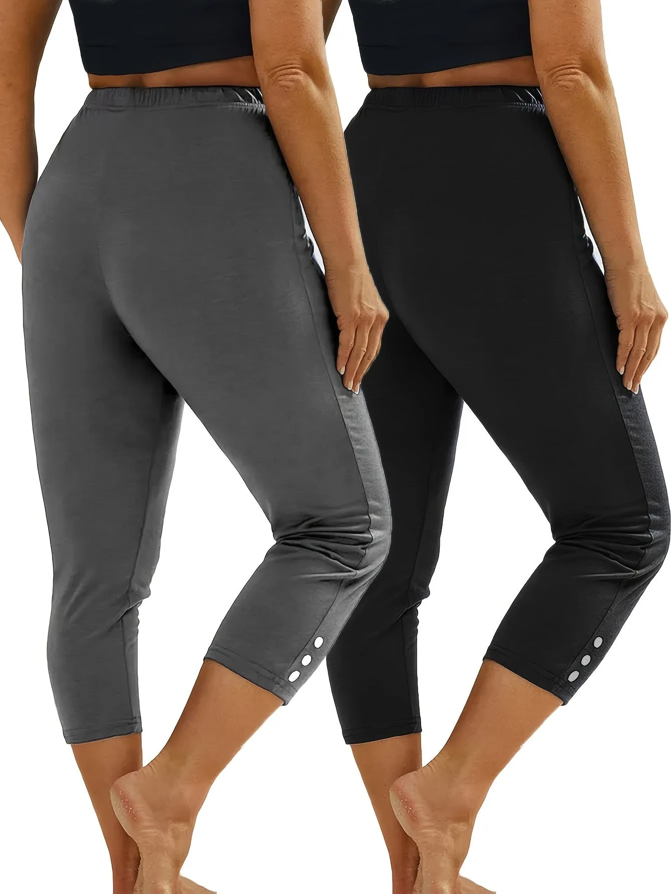 2 Pack Sports Set, Women's Plus Solid Button Decor High Waisted Stretchy Running Yoga Capri Pants