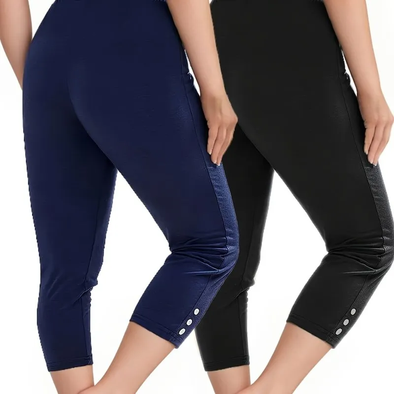 2 Pack Sports Set, Women's Plus Solid Button Decor High Waisted Stretchy Running Yoga Capri Pants