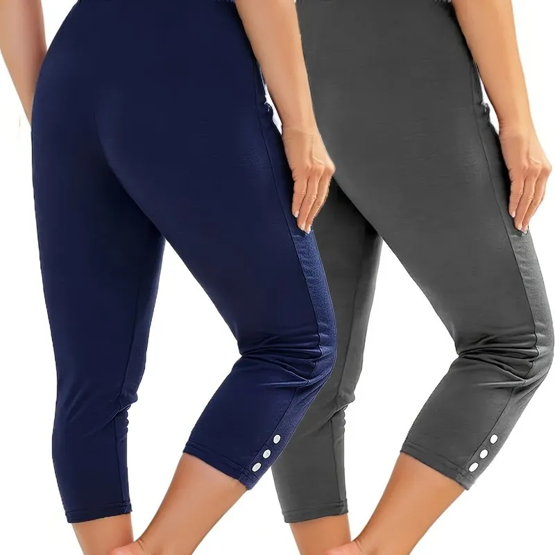 2 Pack Sports Set, Women's Plus Solid Button Decor High Waisted Stretchy Running Yoga Capri Pants