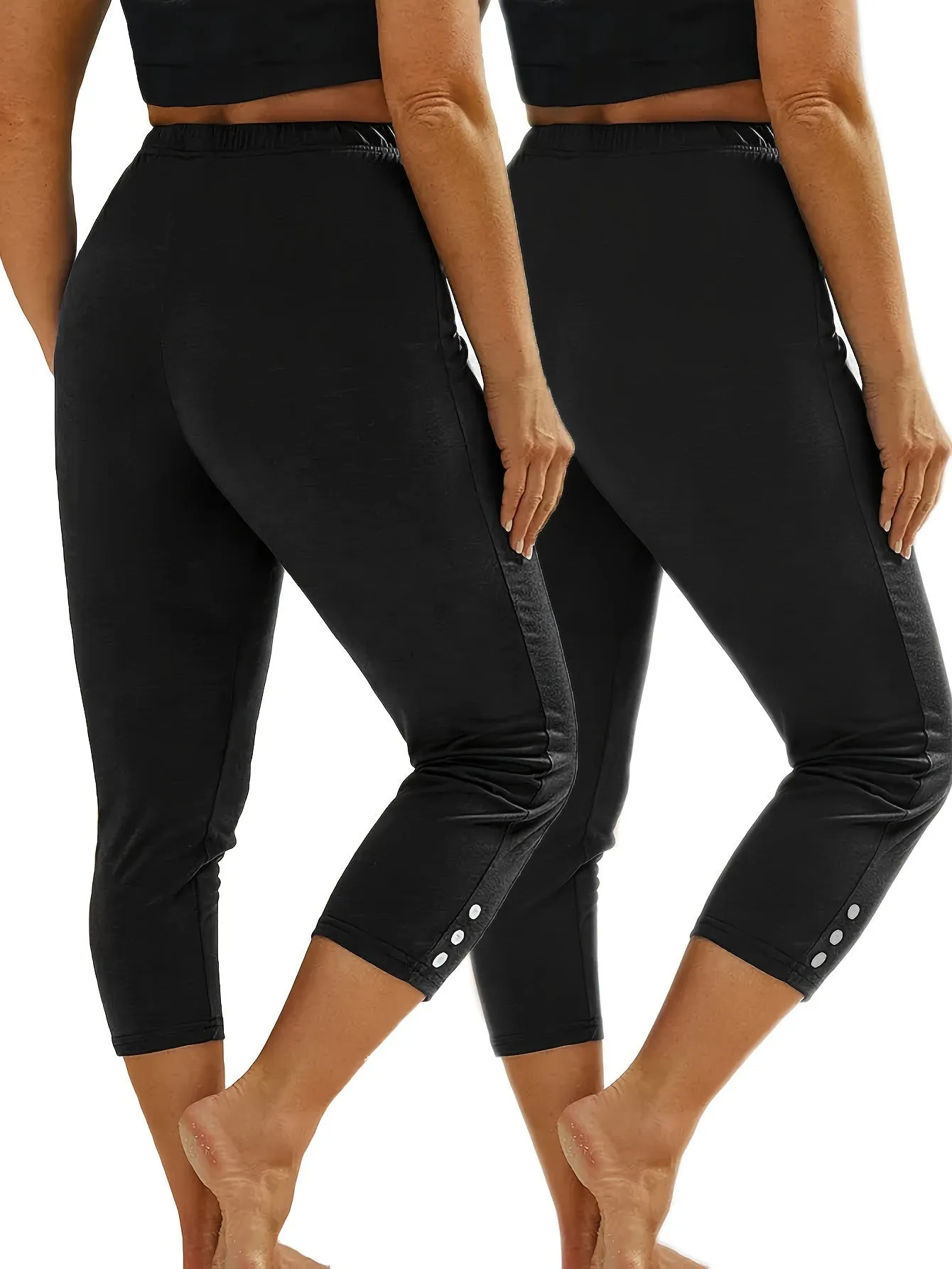 2 Pack Sports Set, Women's Plus Solid Button Decor High Waisted Stretchy Running Yoga Capri Pants