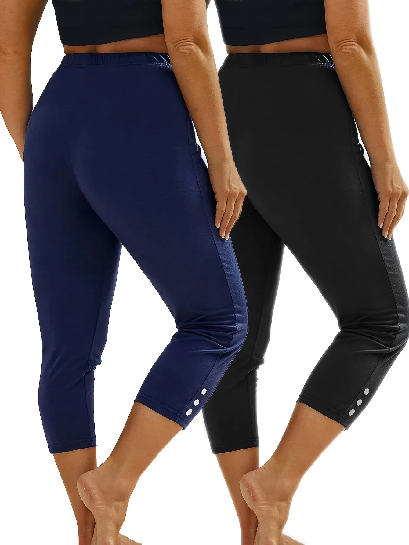 2 Pack Sports Set, Women's Plus Solid Button Decor High Waisted Stretchy Running Yoga Capri Pants