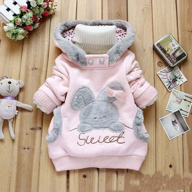 2015 Retail Children Clothing Cartoon Rabbit Fleece Outerwear girl fashion clothes/hooded jacket/Winter Coat roupa infantil