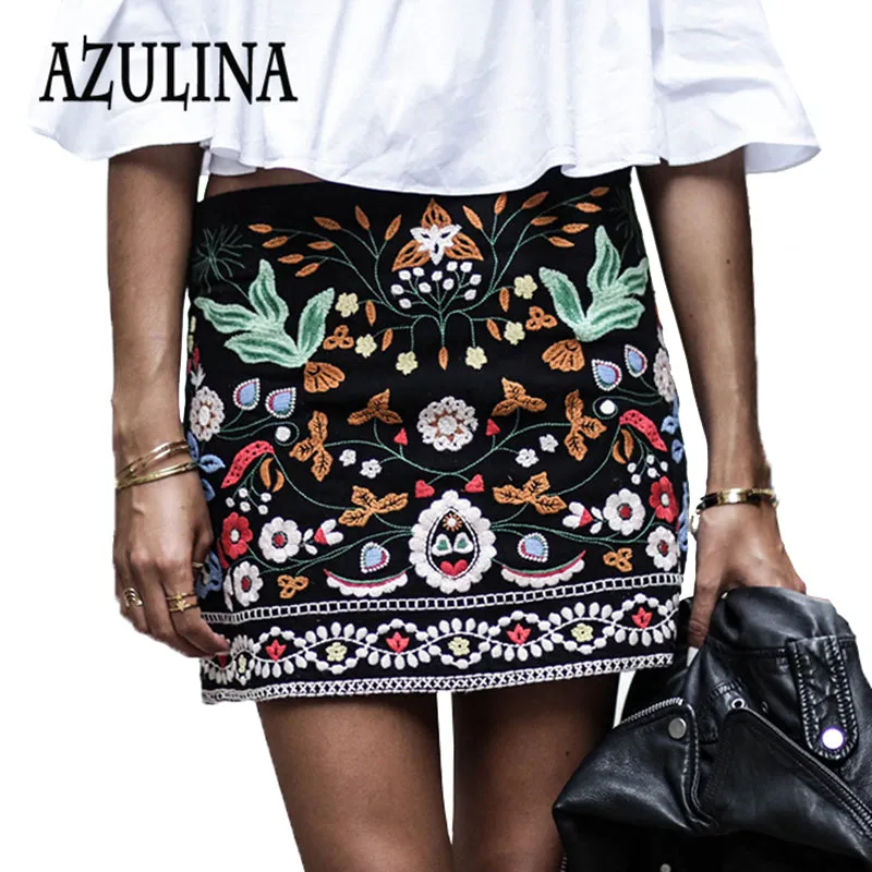 AZULINA Embroidery Skirt Women Cotton Floral High Waist Black Casual Female Short Spring Summer Vintage Mini Ethnic Boho Skirts