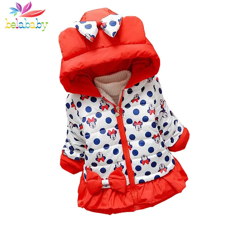 Belababy Baby Girls Coat Winter New Cute Children Polka Dot Hooded Jacket Kids Thicken Cotton Outerwear Cartoon Jackets For Girl