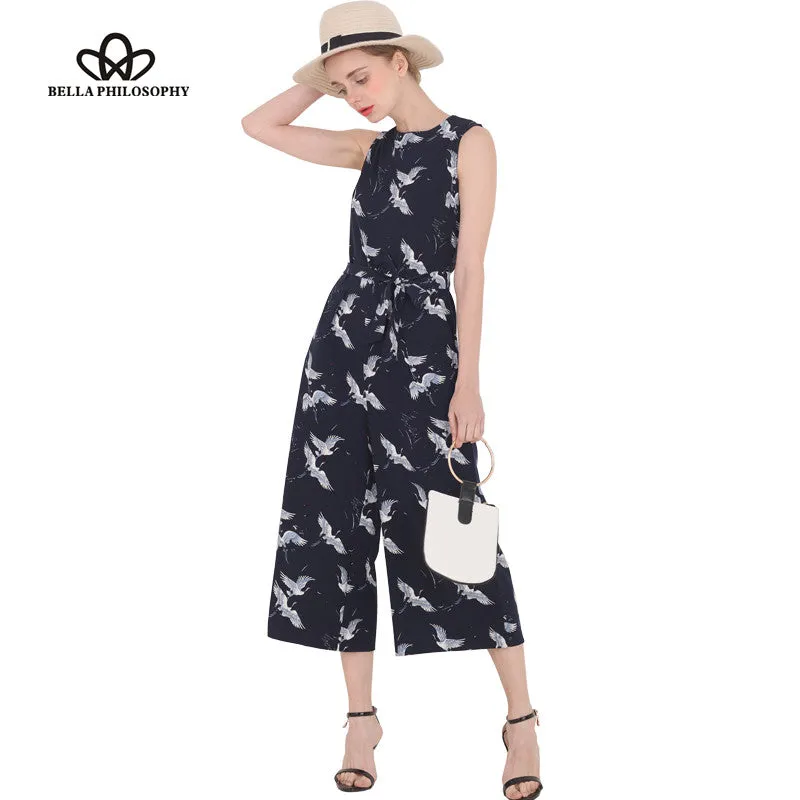 Bella Philosophy 2017 spring summer new jumpsuit women's bird print O-neck sleeveless belt sashes ankle-length jumpsuits blue