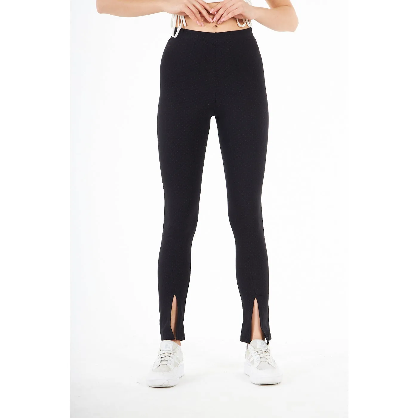 Black Dotted Split Hem Leggings