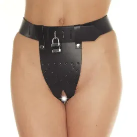 Black Leather Open Crotch Chastity Brief with Padlock Front