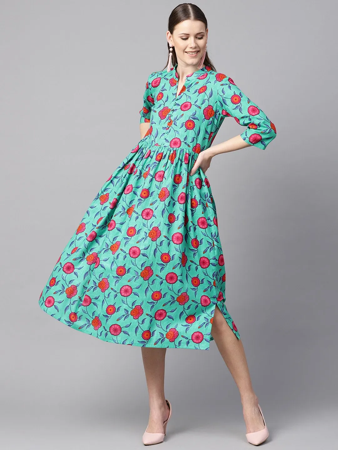 Blue Colored Floral Printed 3/4Th Sleeve Pleated Dress