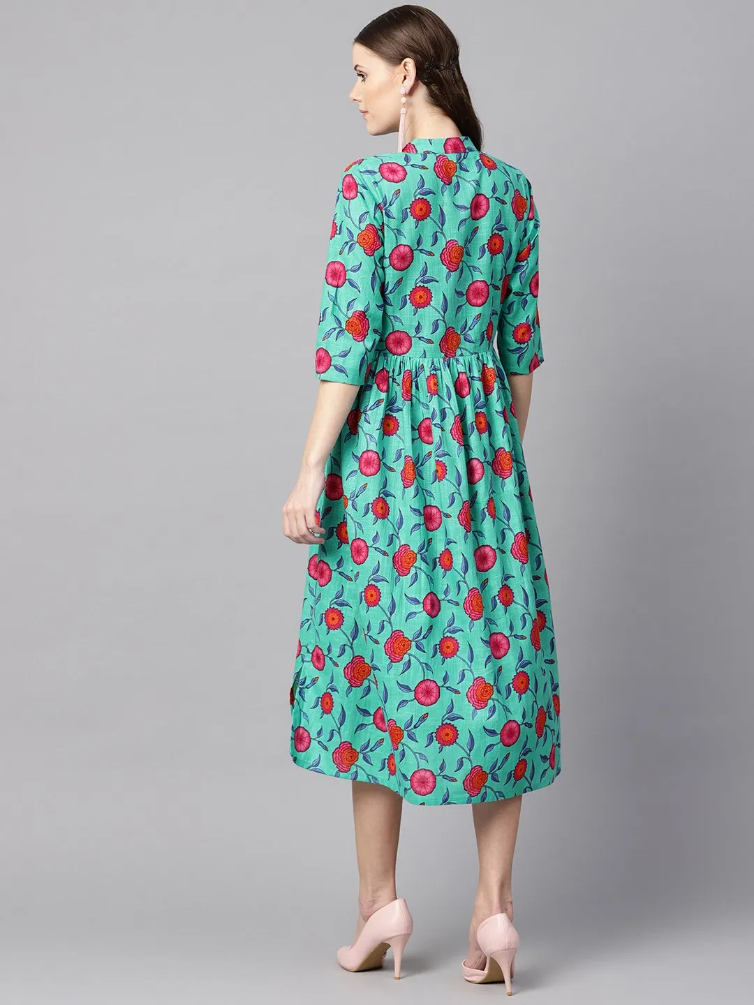 Blue Colored Floral Printed 3/4Th Sleeve Pleated Dress