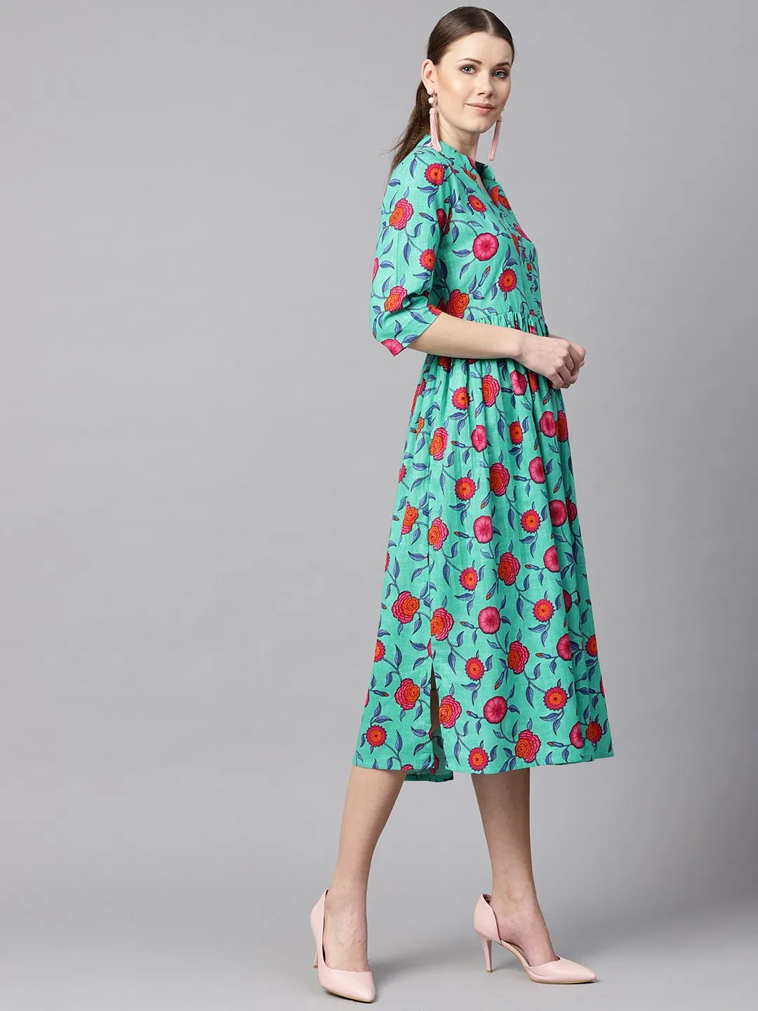 Blue Colored Floral Printed 3/4Th Sleeve Pleated Dress