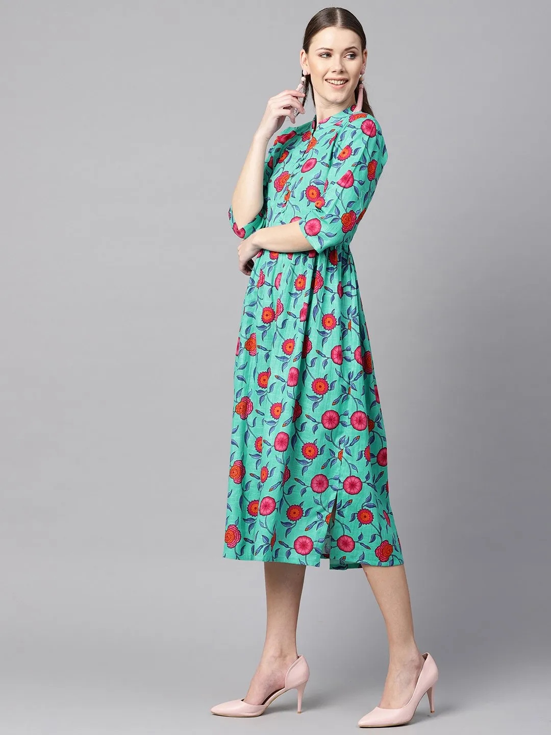 Blue Colored Floral Printed 3/4Th Sleeve Pleated Dress