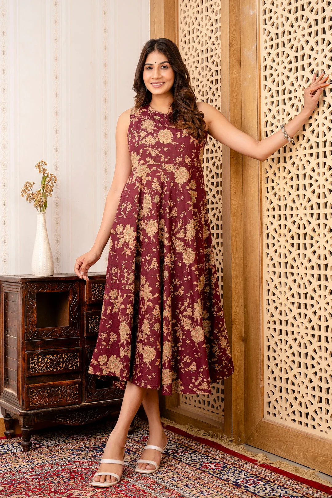 Burgundy Ethnic Printed Flared Sleeveless Dress