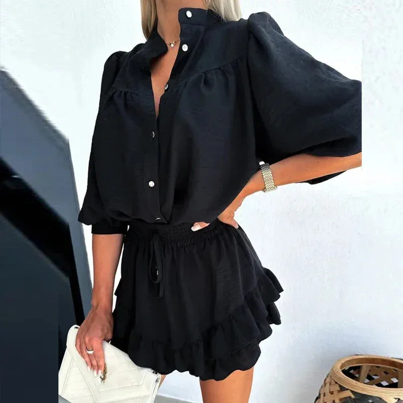 Buttoned Short Sleeve Drawstring Casual Solid Ruffled Stand Collar Dresses New Set