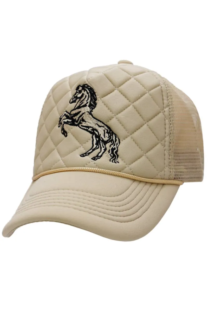 Cap Zone - Rodeo Horse Diamond Quilt Stitch Padded Trucker Hat: Khaki