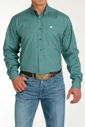 Cinch Green & White Geometric Print Button-Down Shirt for Men