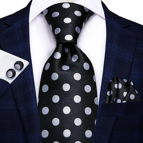 Classy Men Black White Polka Dot Silk Tie