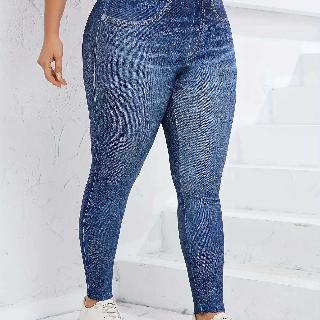 Contemporary Comfort Women's Plus Blue Faux Denim Print High Waist Sports Leggings