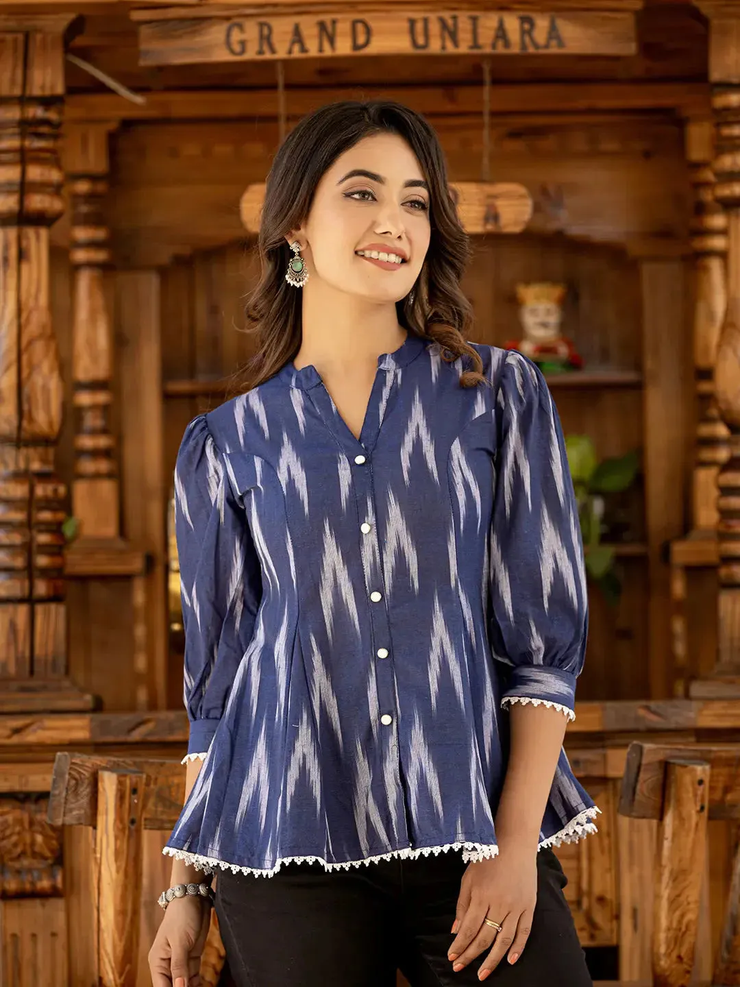 Cotton Blue Ikat Print Puffed Sleeve Tops