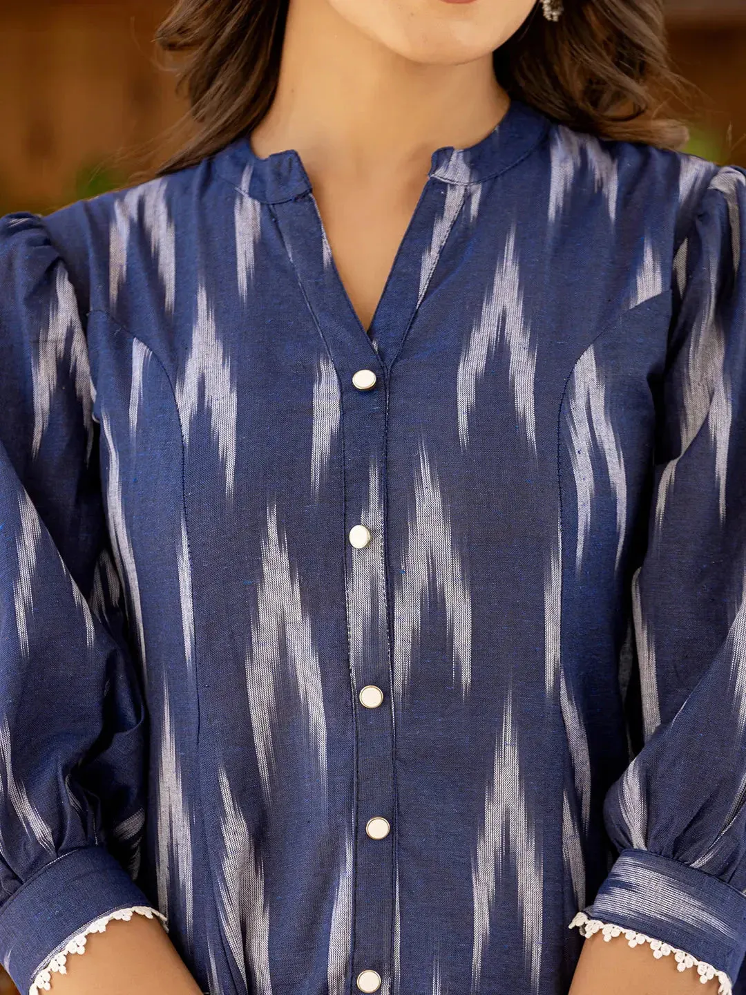 Cotton Blue Ikat Print Puffed Sleeve Tops