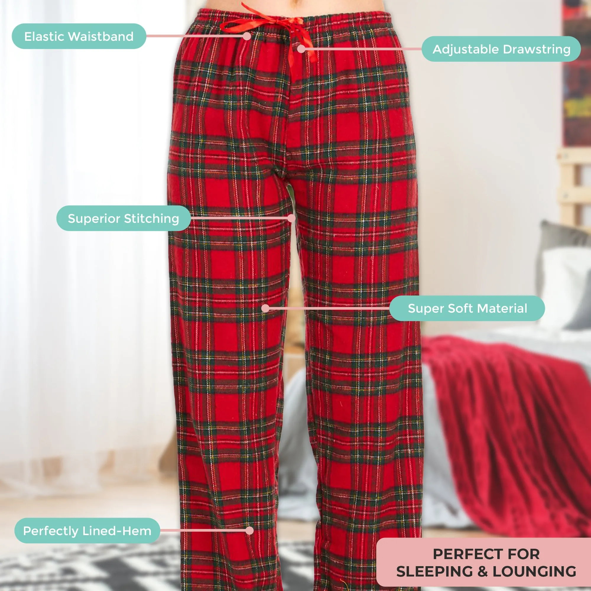 DARESAY Women’s Flannel Pajama Pants Ladies’ Soft & Stretchy Plaid Pajama Pants- Relaxed Fit, Comfortable Home pajama pants for women- Long Sleep Pants & Casualwear For All Seasons