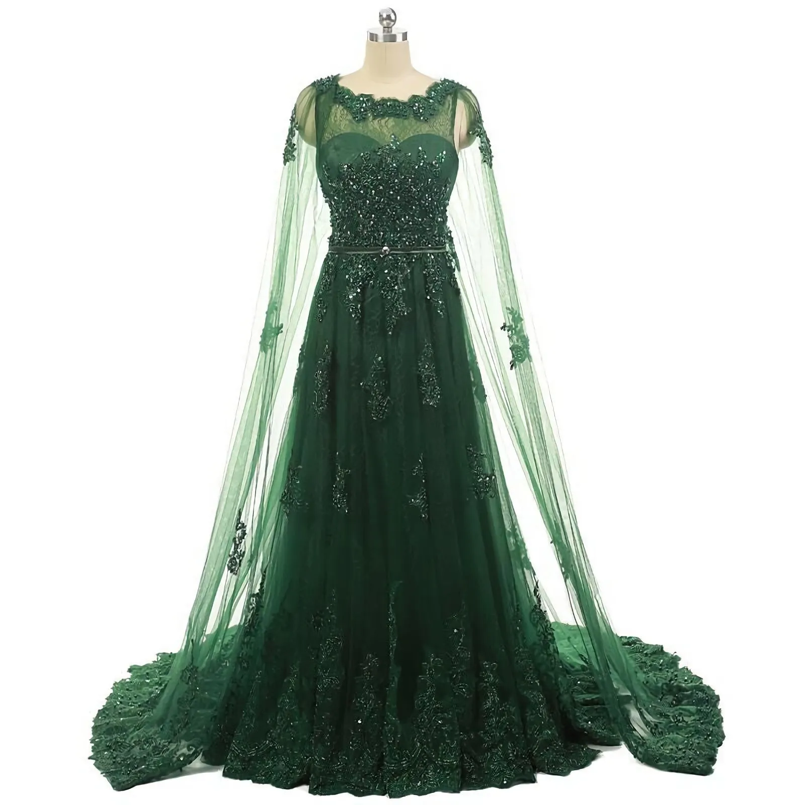 Elegant Women Beaded Lace With Long Appliques Tulle Cape Emerald Green Evening Dresses