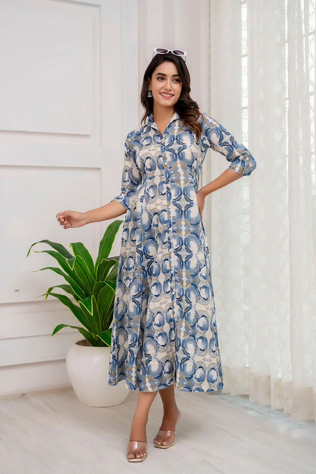 Fab Grey Abstract Printed Shirt Pattern Dress