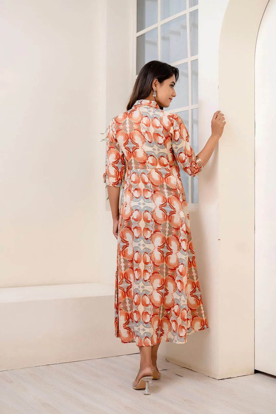 Fab Rust Abstract Printed Shirt Dress For Women