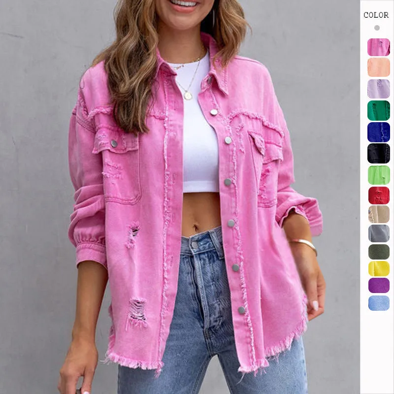 Fashion Ripped Shirt Jacket Casual Tops Women