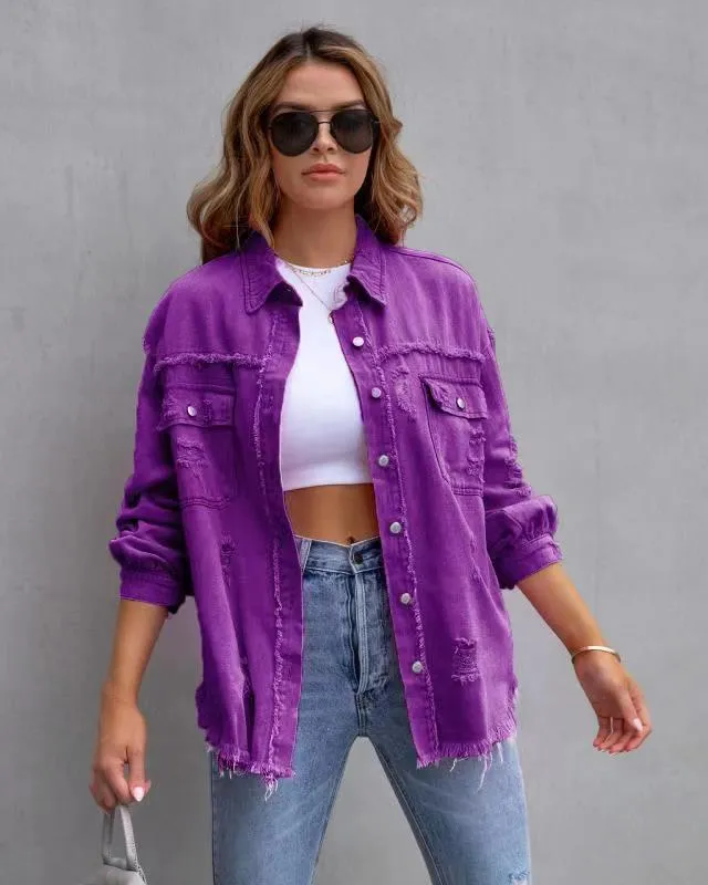 Fashion Ripped Shirt Jacket Casual Tops Women