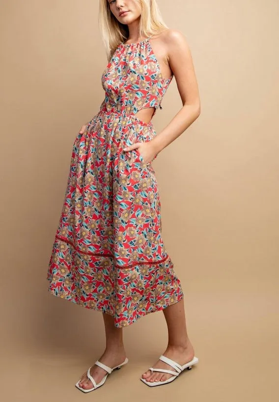 Floral Halter Neck Cut-out Midi Dress