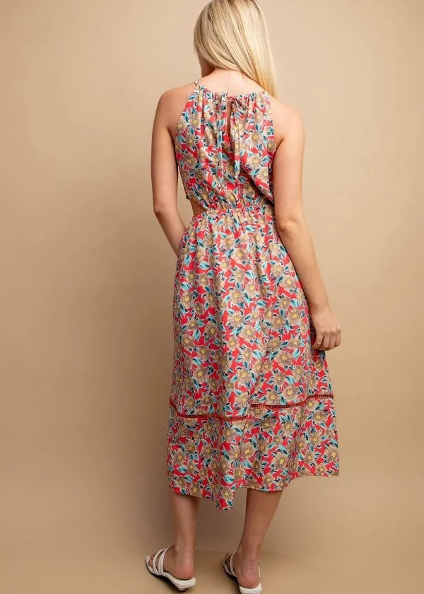 Floral Halter Neck Cut-out Midi Dress