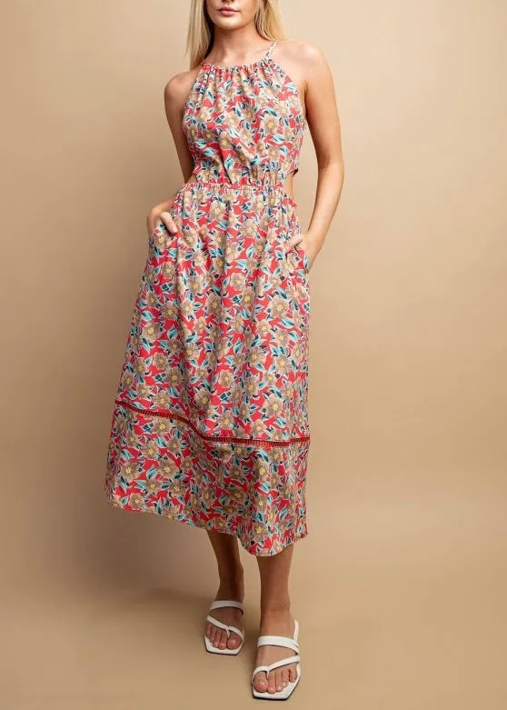 Floral Halter Neck Cut-out Midi Dress