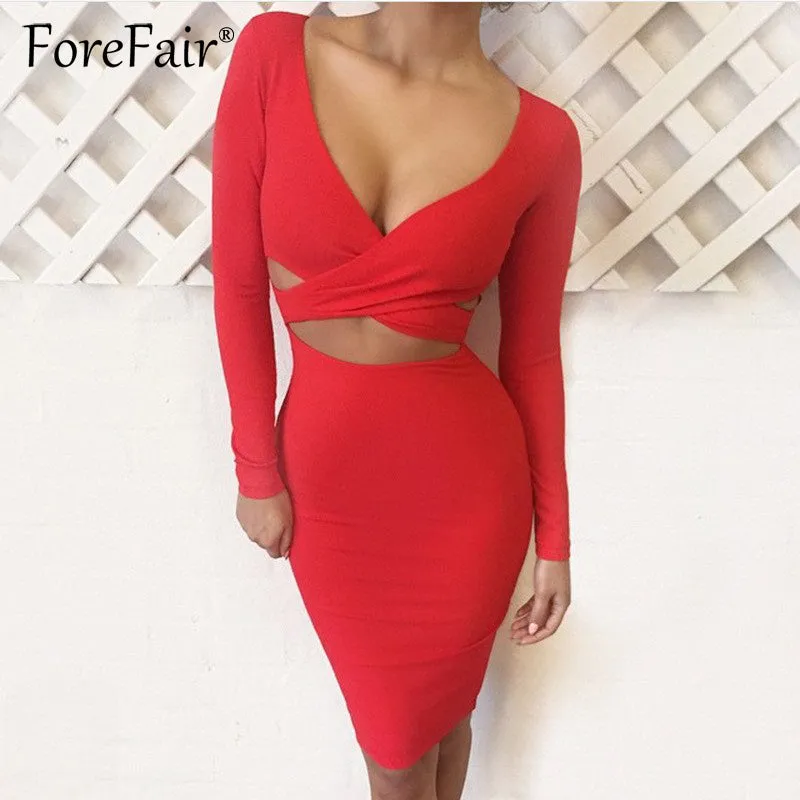 Forefair Sexy Criss Cross Bodycon Dress Women Spring Long Sleeve Night Club Wear Bandage Party Dresses Black Red Blue Vestido