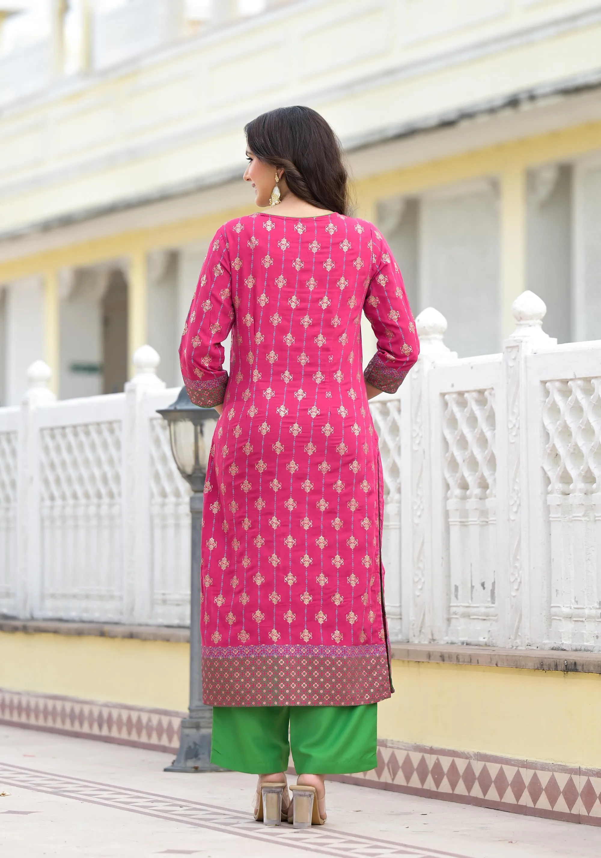 Fuchsia Ethnic Motif Printed Muslin Kurta Pant With Dupatta Set With Beads & Sequins