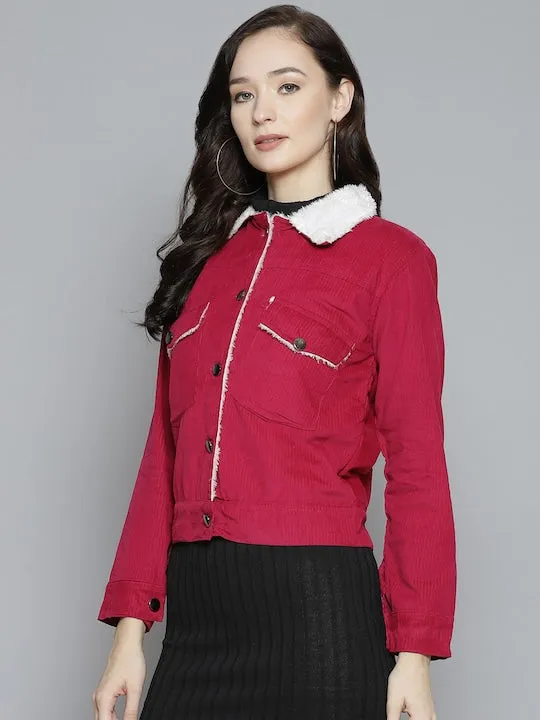 Fuchsia Pink Feather Collar Front Open Jacket