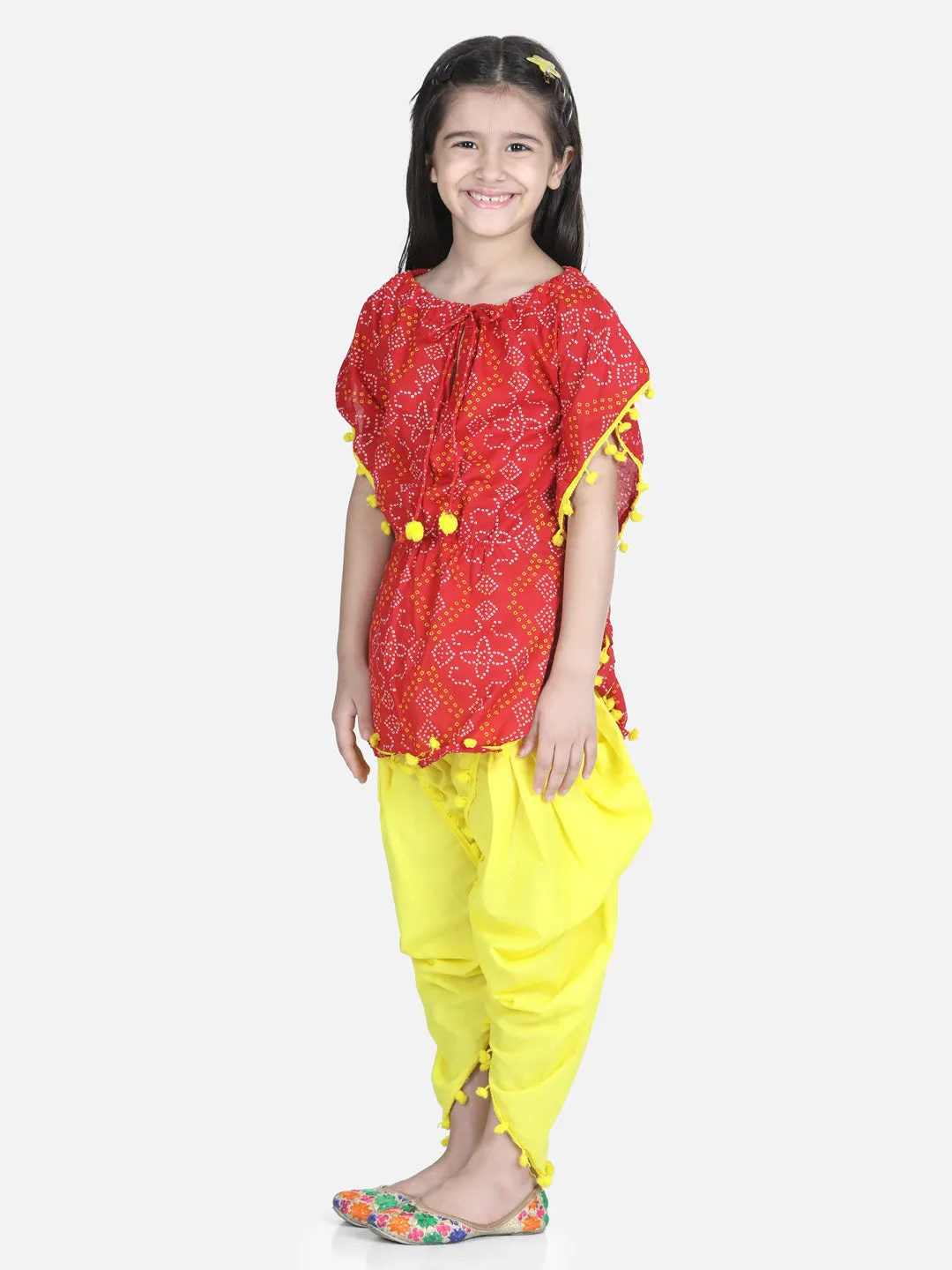 Girls Cotton Kaftan Dhoti With Pompom Indo Western Clothing Set s- Orange