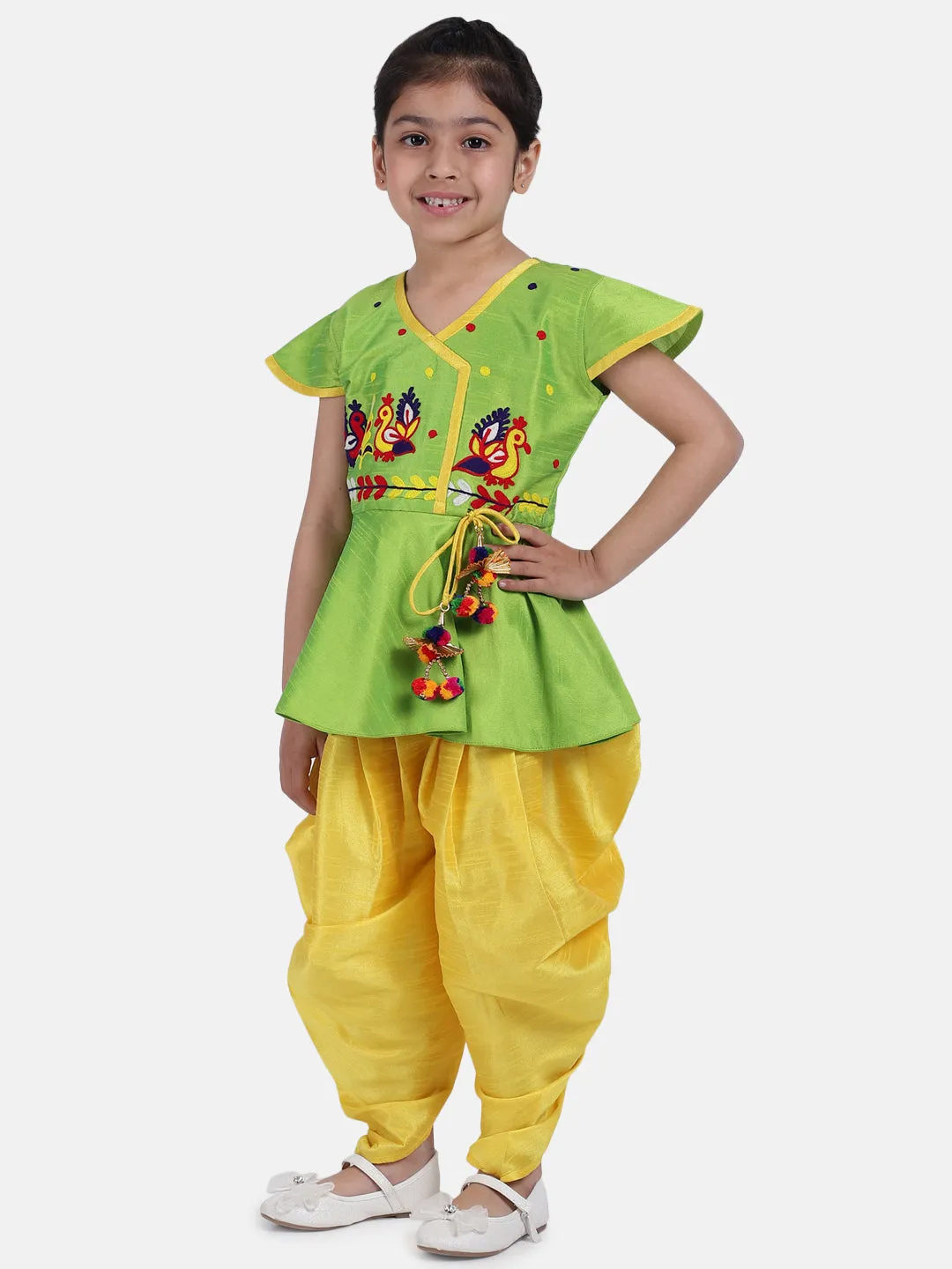 Girls Ethnic Festive wear Peacock Embroidery Peplum Dhoti Indo Western Clothing sets Green