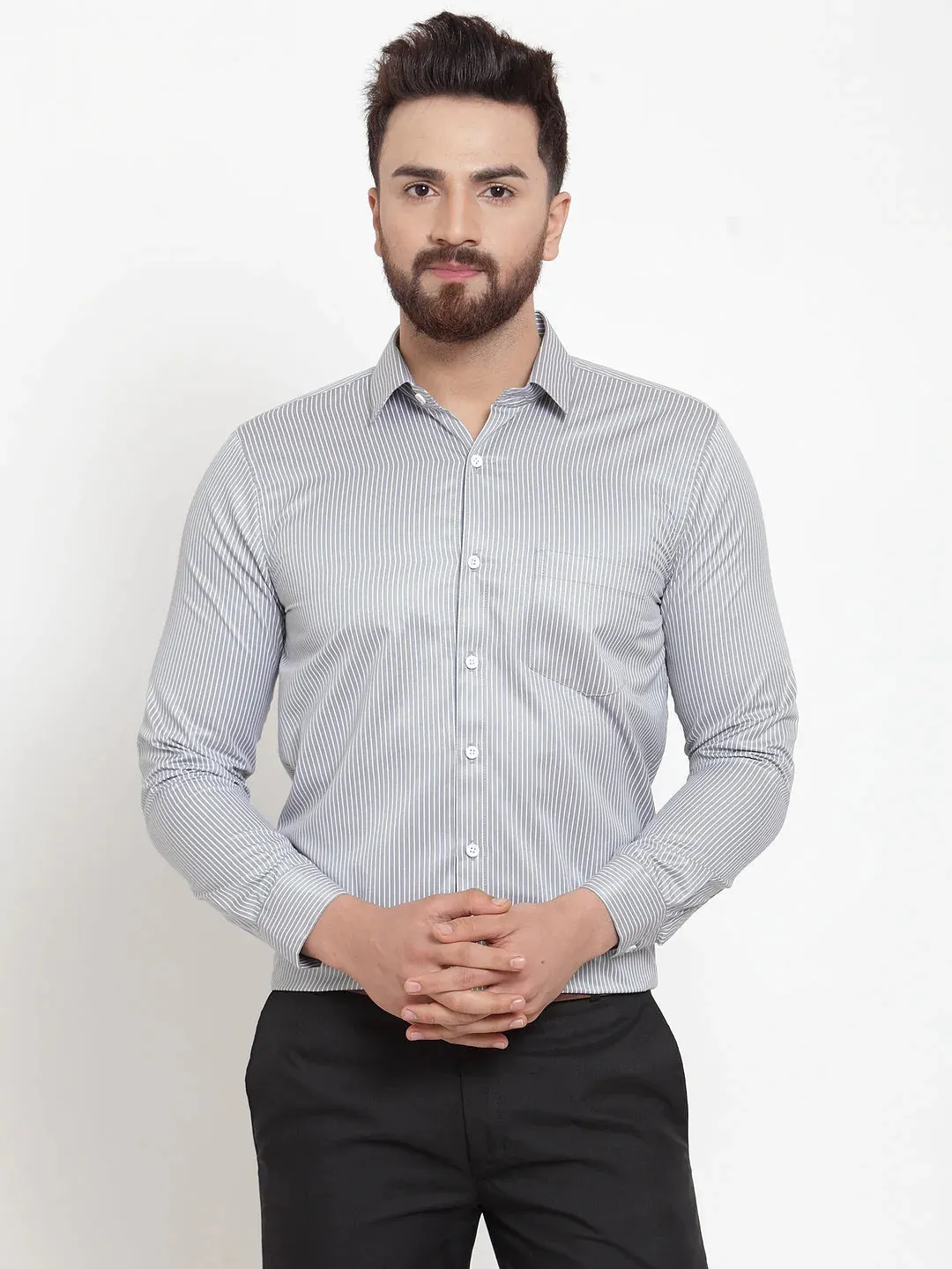 Grey Men'S Cotton Stiped Formal Shirts