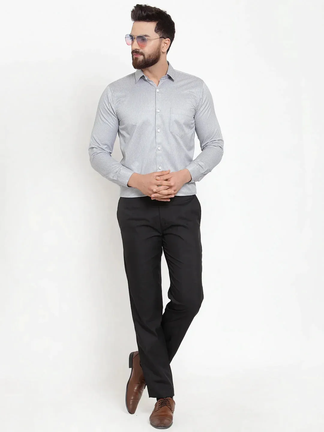 Grey Men'S Cotton Stiped Formal Shirts