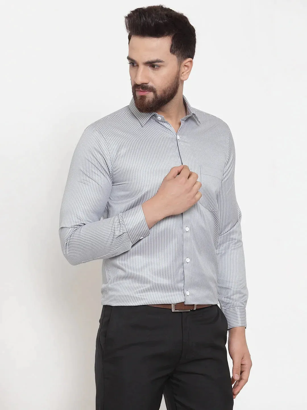 Grey Men'S Cotton Stiped Formal Shirts