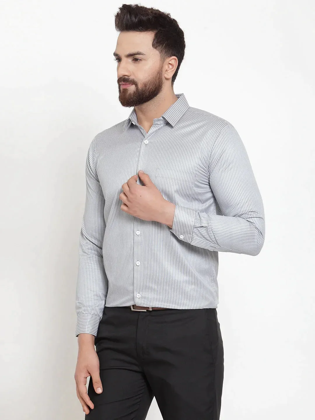 Grey Men'S Cotton Stiped Formal Shirts