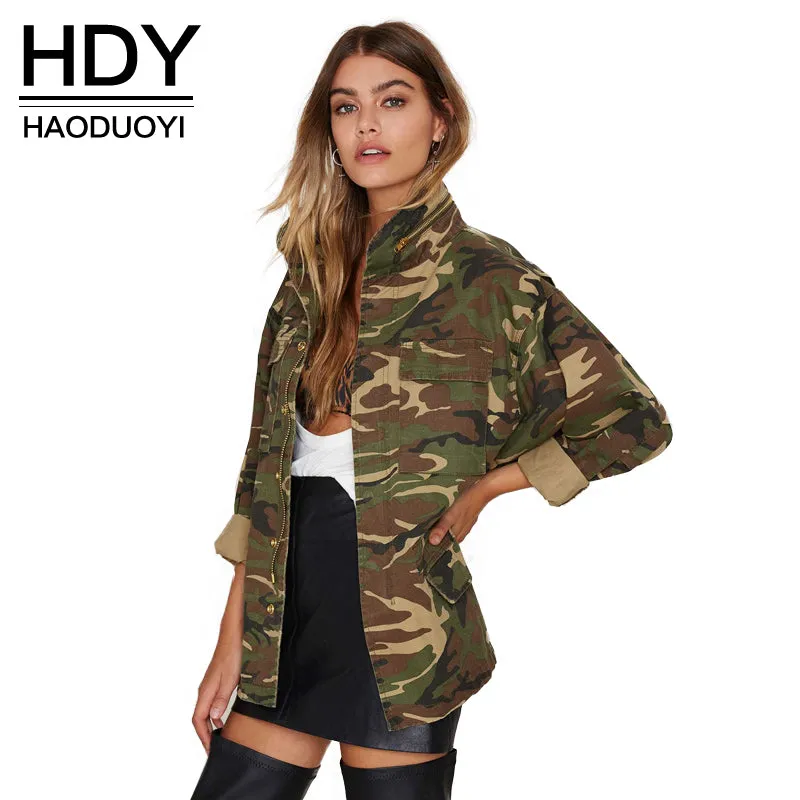 HDY Haoduoyi 2016 Fashion Women Loose Camouflage Coat Stand Collar Pocket Long Sleeve Zipper Outwear Jacket