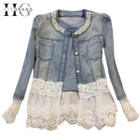 HEE GRAND Jeans Jacket Women Casacos Feminino Slim Lace Patchwork Beading Denim Lady Elegant Vintage Jackets Coat WWJ084