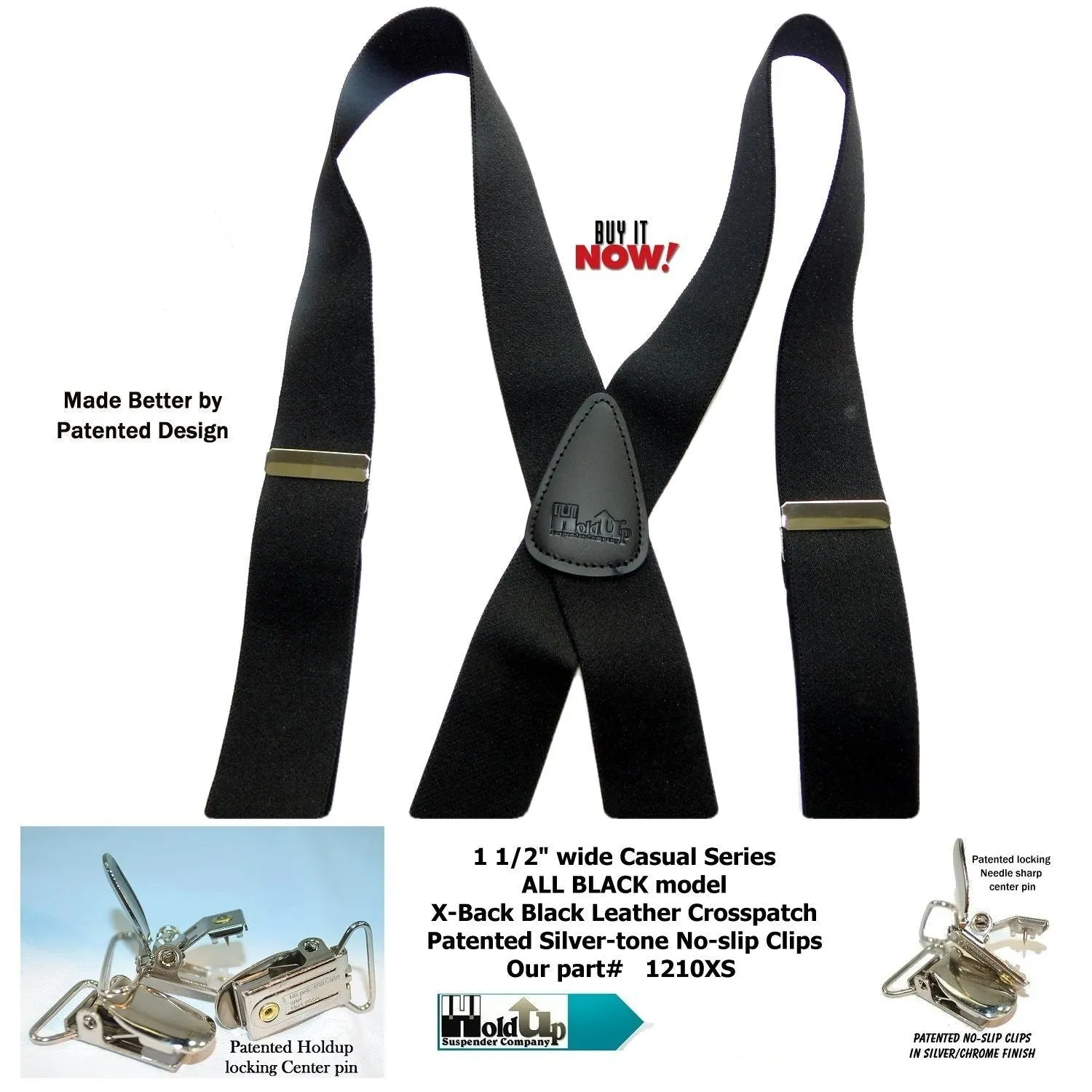 Holdup Brand All Black 1 1/2" wide X-back Suspenders with Patented No-slip Silver tone Clips