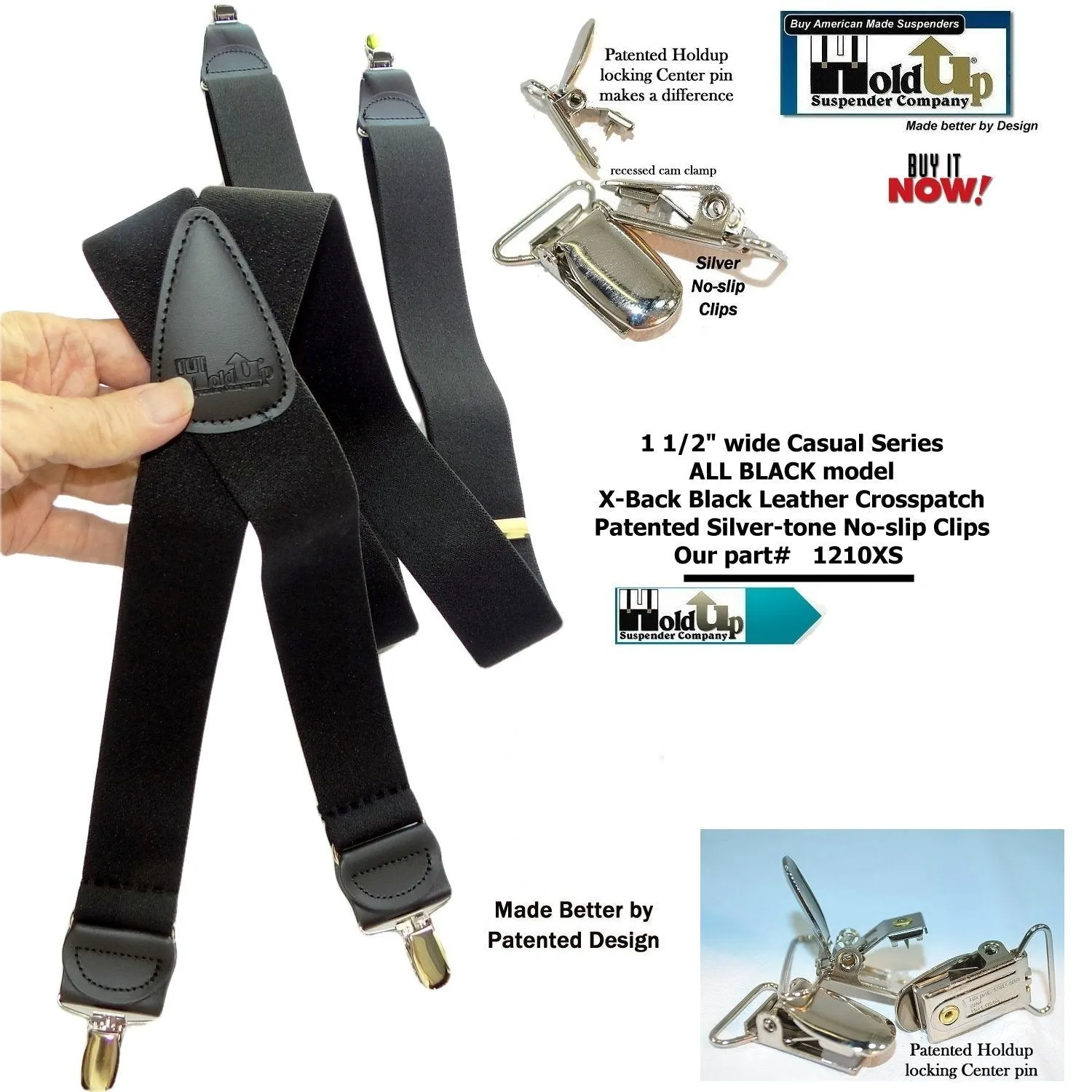 Holdup Brand All Black 1 1/2" wide X-back Suspenders with Patented No-slip Silver tone Clips