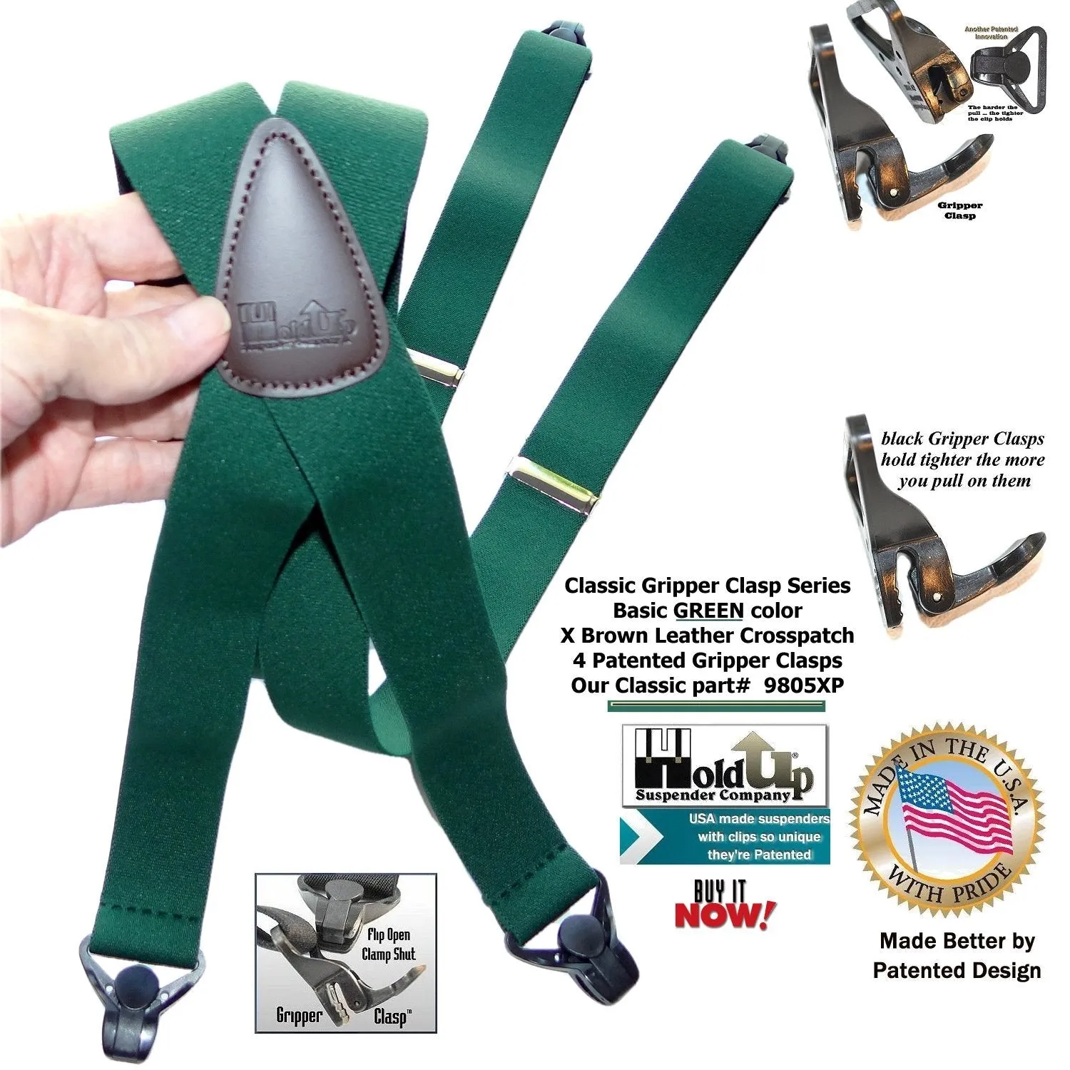 HoldUp Brand Dark Green Xback Classic Series Holdup Gripper Clasps Suspenders