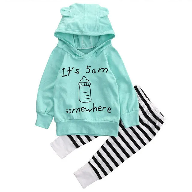 It's 5am Somewhere Toddler Baby's Sets Baby Boy Girls Clothes Sets Cotton Long Sleeve Ears Hooded Tops   Striped Pants Outfit