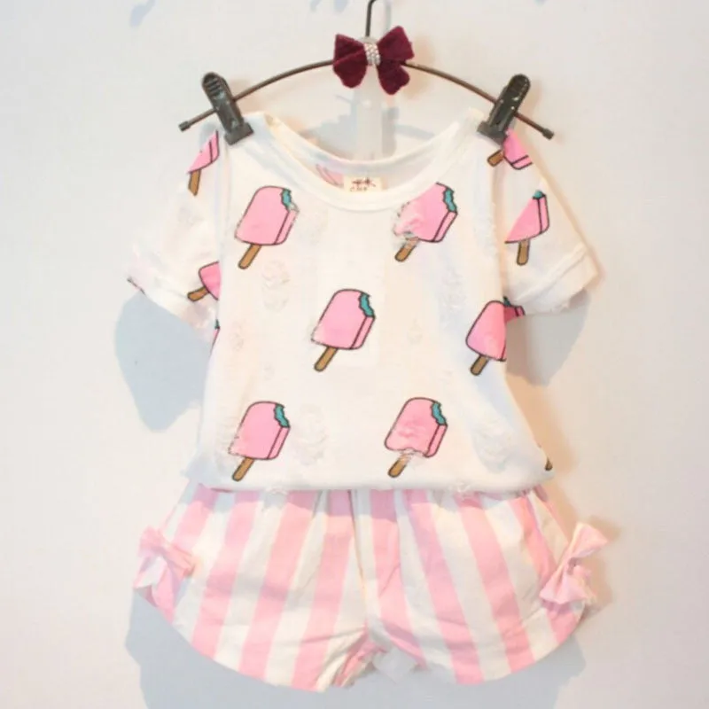 Kids Girls Clothing Set Summer Style Kids Girl Clothes Cute Ice Cream Hole T-shirt  Striped Bow Short Suit 2 pcs Clothing