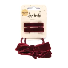 LaModa Princess Velvet Bow Set- Clips and Ponytailers Burgundy 4Pk