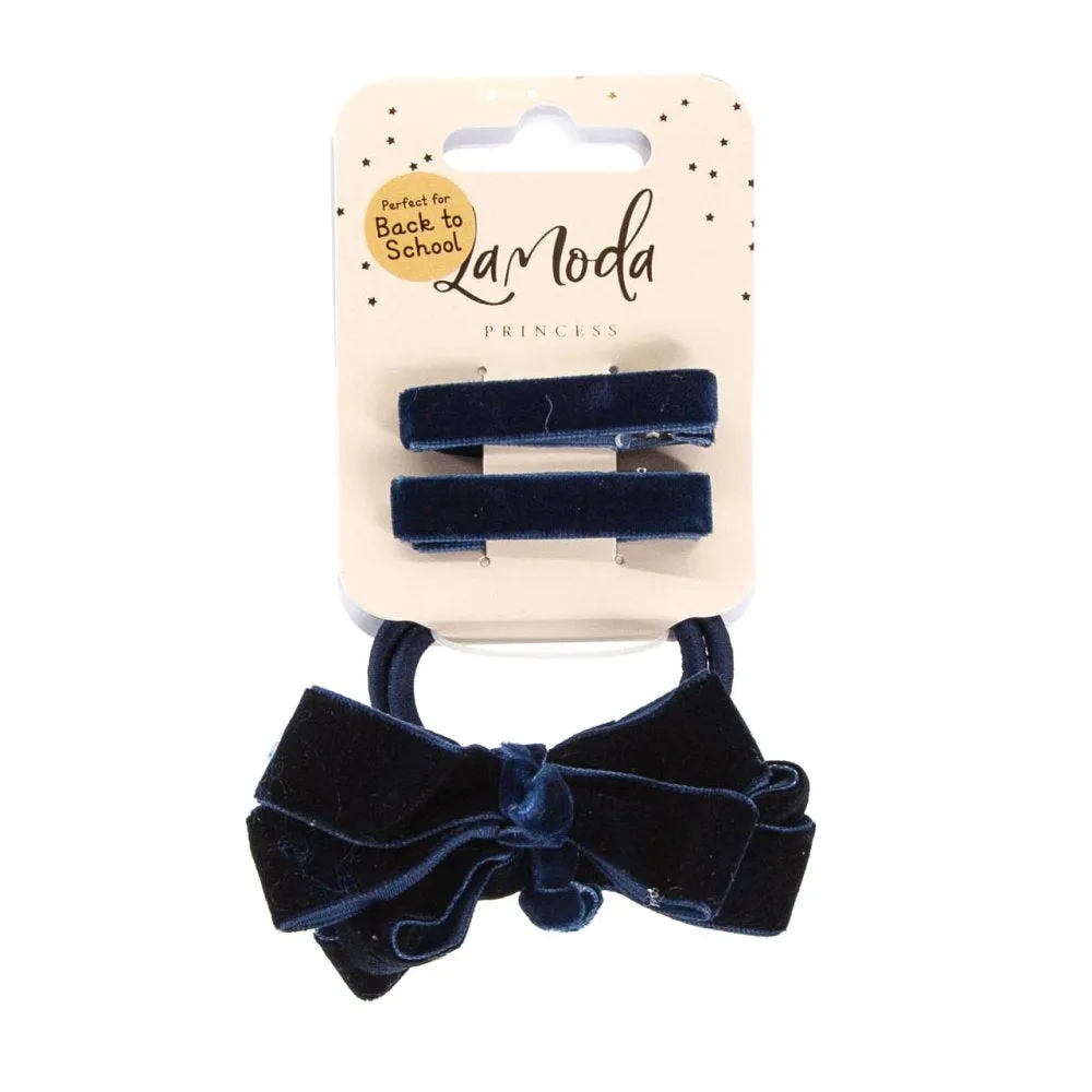 LaModa Princess Velvet Bow Set- Clips and Ponytailers Navy 4Pk